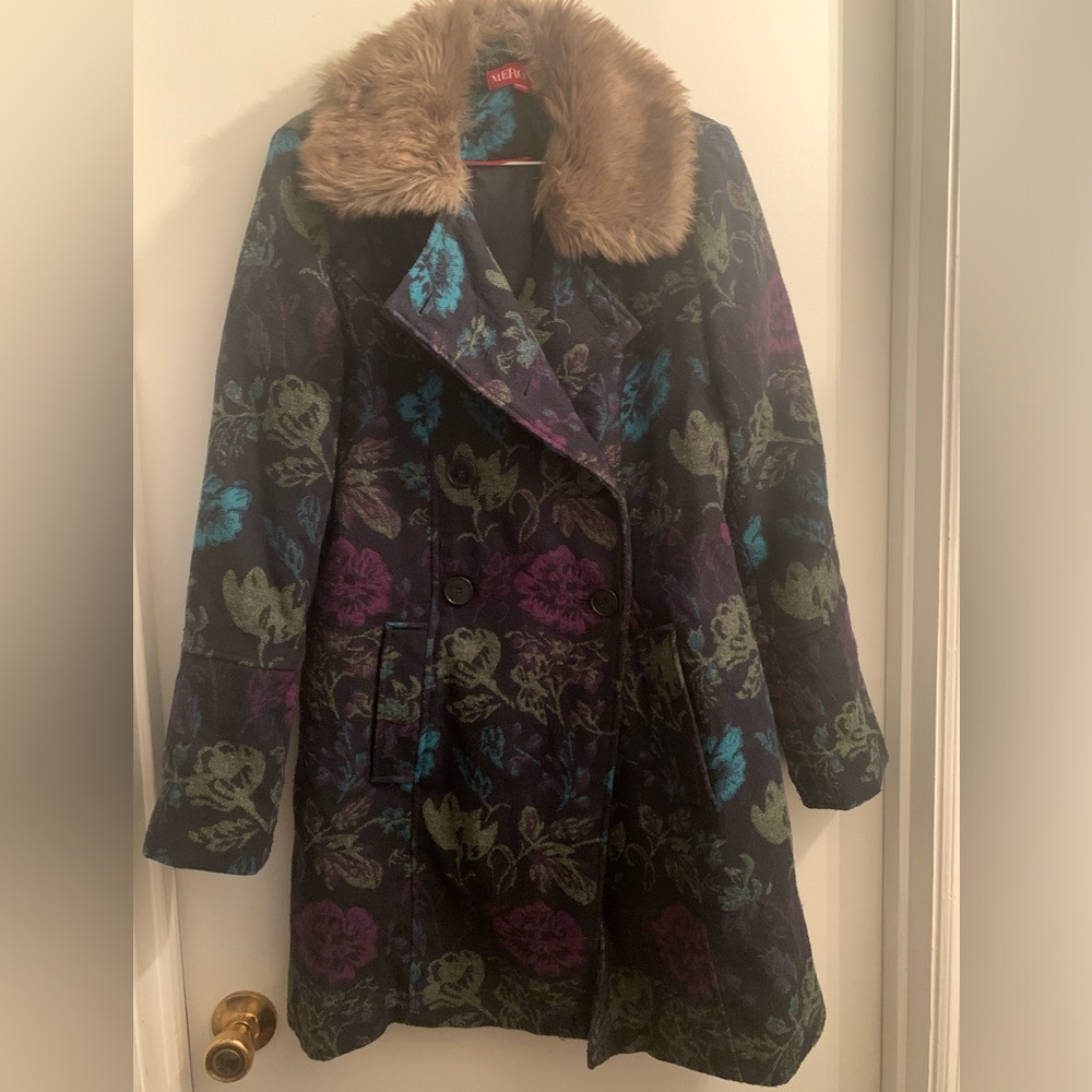 Boho Hippie Navy Floral Tapestry Coat Size Large Gorgeous Double Breasted warm - Picture 2 of 11